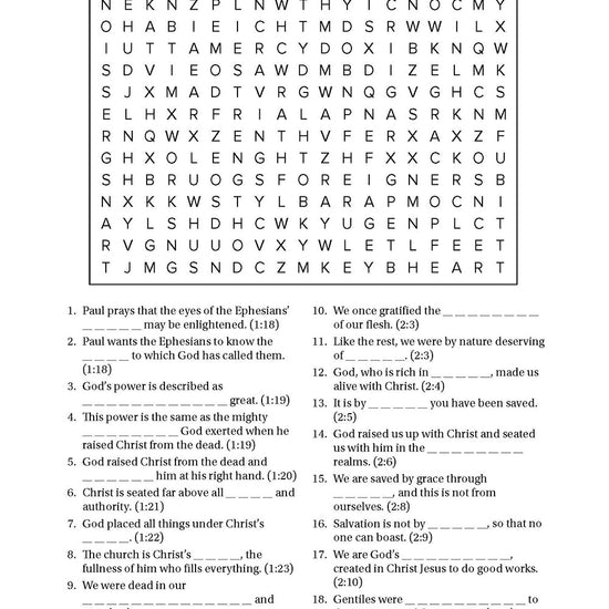 Page with a word search puzzle and clues on a white background in Search the Scriptures: Galatians, Ephesians, Philippian & Colossians, a word find book by Our Daily Bread Ministries.