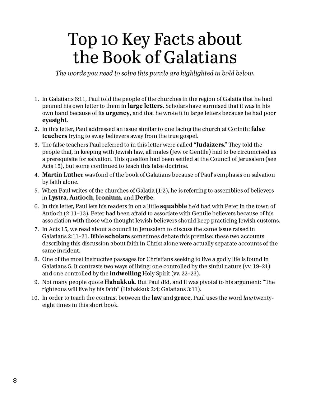 Page entitled 'Top 10 Key Facts about the Book of Galatians' on a white background in Search the Scriptures: Galatians, Ephesians, Philippian & Colossians, a word find book by Our Daily Bread Ministries.