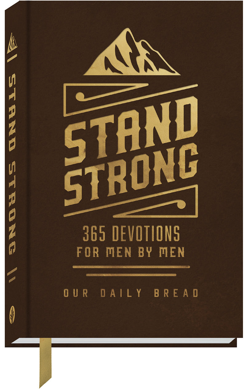 3D cover of the 'Stand Strong: 365 Devotions For Men By Men' book by Our Daily Bread, showing the decorative ribbon page marker
