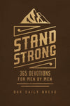 Cover with 'Stand Strong: 365 Devotions For Men By Men' book by Our Daily Bread, featuring a mountain design on a brown background