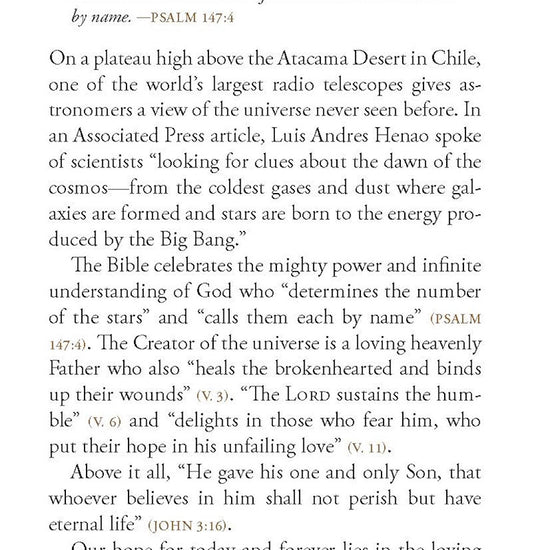 Text from March 9 devotional entitled 'He Calls The Stars By Name' with a decorative mountain image in the corner from the 'Stand Strong: 365 Devotions For Men By Men' book by Our Daily Bread