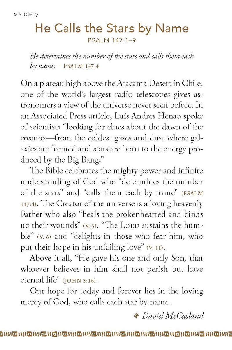 Text from March 9 devotional entitled 'He Calls The Stars By Name' with a decorative mountain image in the corner from the 'Stand Strong: 365 Devotions For Men By Men' book by Our Daily Bread