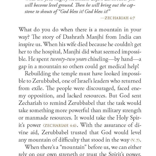 Text from January 9 devotional entitled By The Spirit's Power with a decorative mountain image in the corner from the 'Stand Strong: 365 Devotions For Men By Men' book by Our Daily Bread