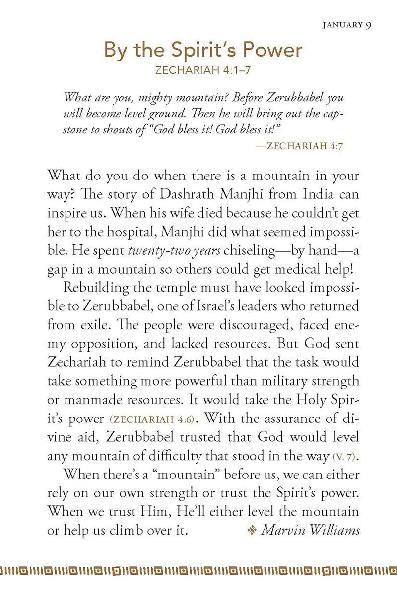 Text from January 9 devotional entitled By The Spirit's Power with a decorative mountain image in the corner from the 'Stand Strong: 365 Devotions For Men By Men' book by Our Daily Bread