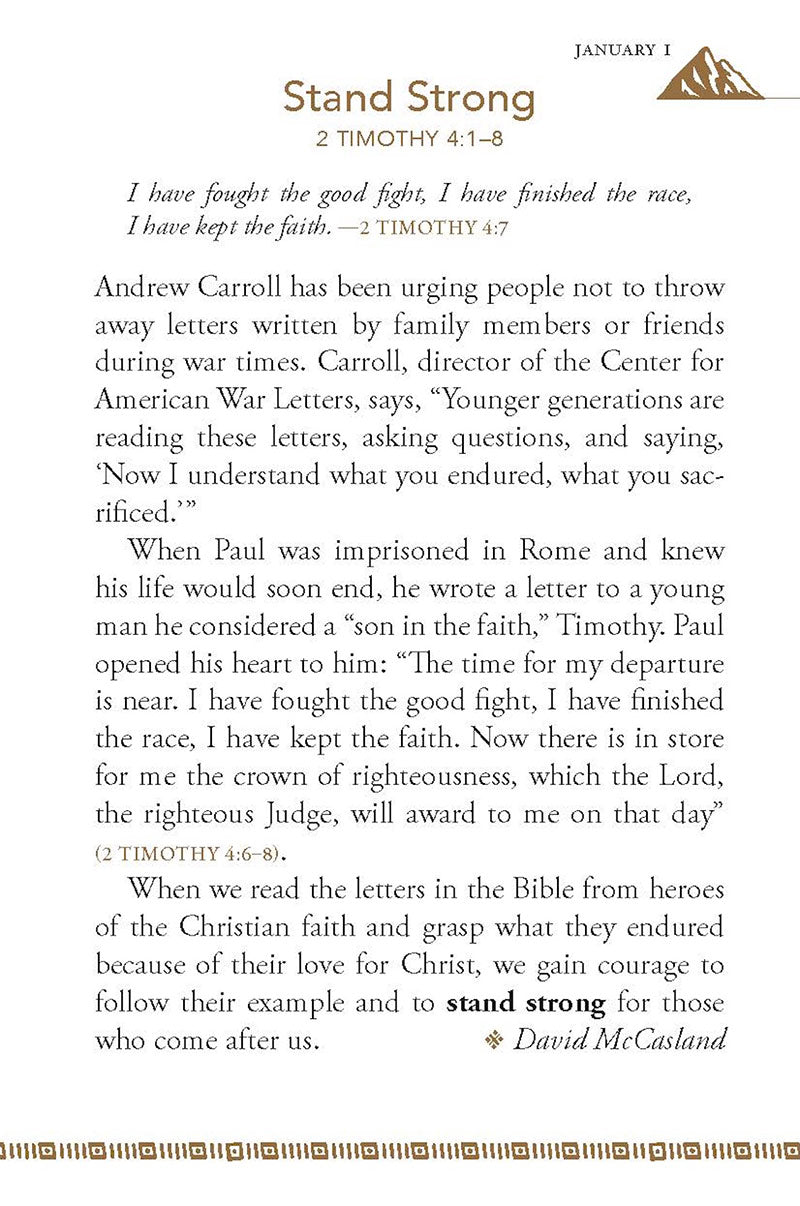 Text from January 1 devotional entitled Stand Strong with a decorative mountain image in the corner from the 'Stand Strong: 365 Devotions For Men By Men' book by Our Daily Bread