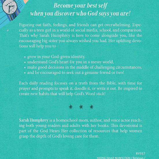 Back cover of the 'Truly You: 90 Devotions on Faith, Feelings, and Friends for Teen Girls' book by Sarah Humphrey with an illustration of hands from diverse backgrounds on a colourful background