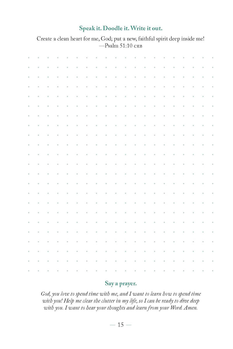 A writing prompt page with an empty dotted grid area entitled Speak it, Doodle it, Write it Out in the 'Truly You: 90 Devotions on Faith, Feelings, and Friends for Teen Girls' book by Sarah Humphrey
