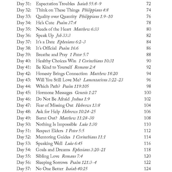 Table of contents from 'Truly You: 90 Devotions on Faith, Feelings, and Friends for Teen Girls' book by Sarah Humphrey, featuring such devotionals as Speak Up and Healthy Choices Win
