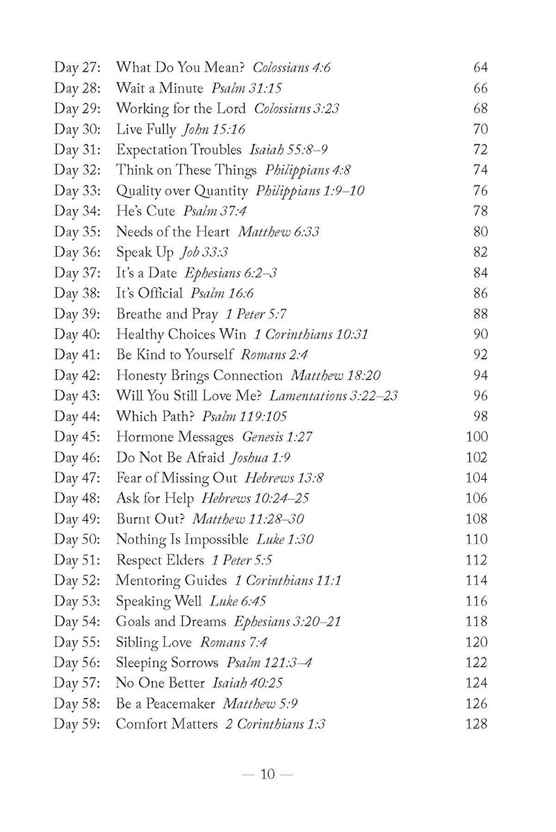 Table of contents from 'Truly You: 90 Devotions on Faith, Feelings, and Friends for Teen Girls' book by Sarah Humphrey, featuring such devotionals as Speak Up and Healthy Choices Win