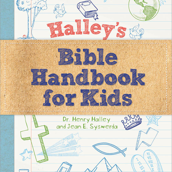 Cover of Halley’s Bible Handbook for Kids by Dr. Henry Halley and Jean E. Syswerda, featuring colorful, doodle-style Bible illustrations and stitched leather title banner.