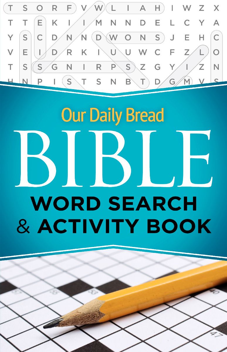 Front cover of Bible Word Search and Activity Book. Shows crossword and word find.